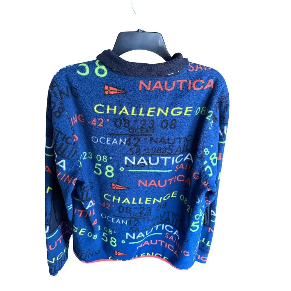 Nautica Mens Fleece Pullover Medium Blue Graphic 1/4 Zip Long Sleeve Sweater